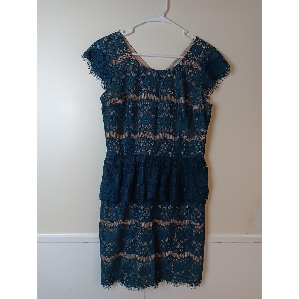 Green Lace Sheath‎ Dress Womens Small Scoop Neck Cap Sleeve Ruffle Lined